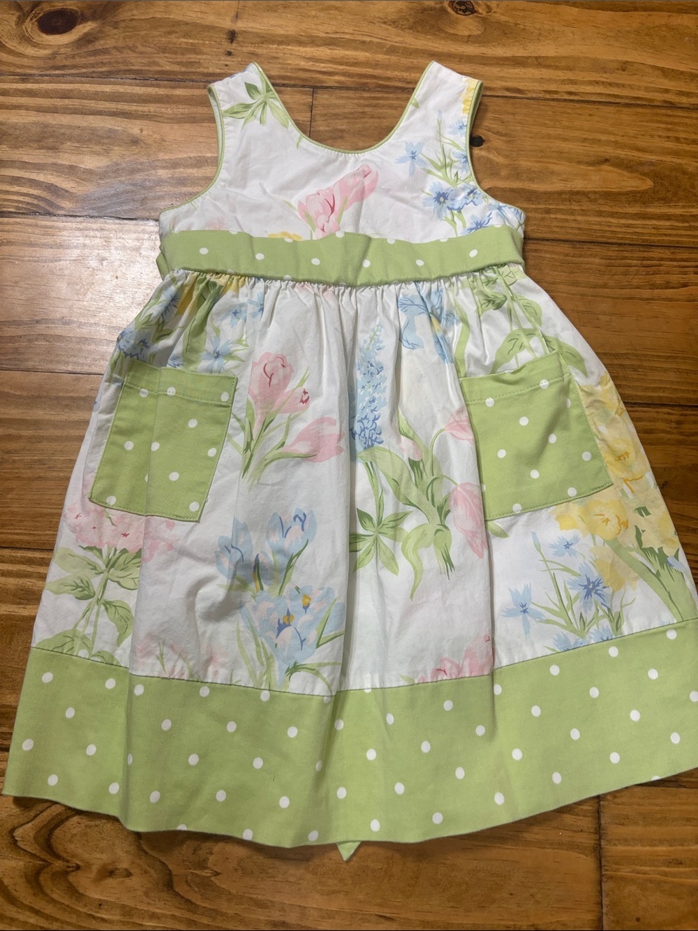 Vintage Hartstrings Size 2T 100% Cotton Floral Dress w/Polka Dot Trim & Pockets
